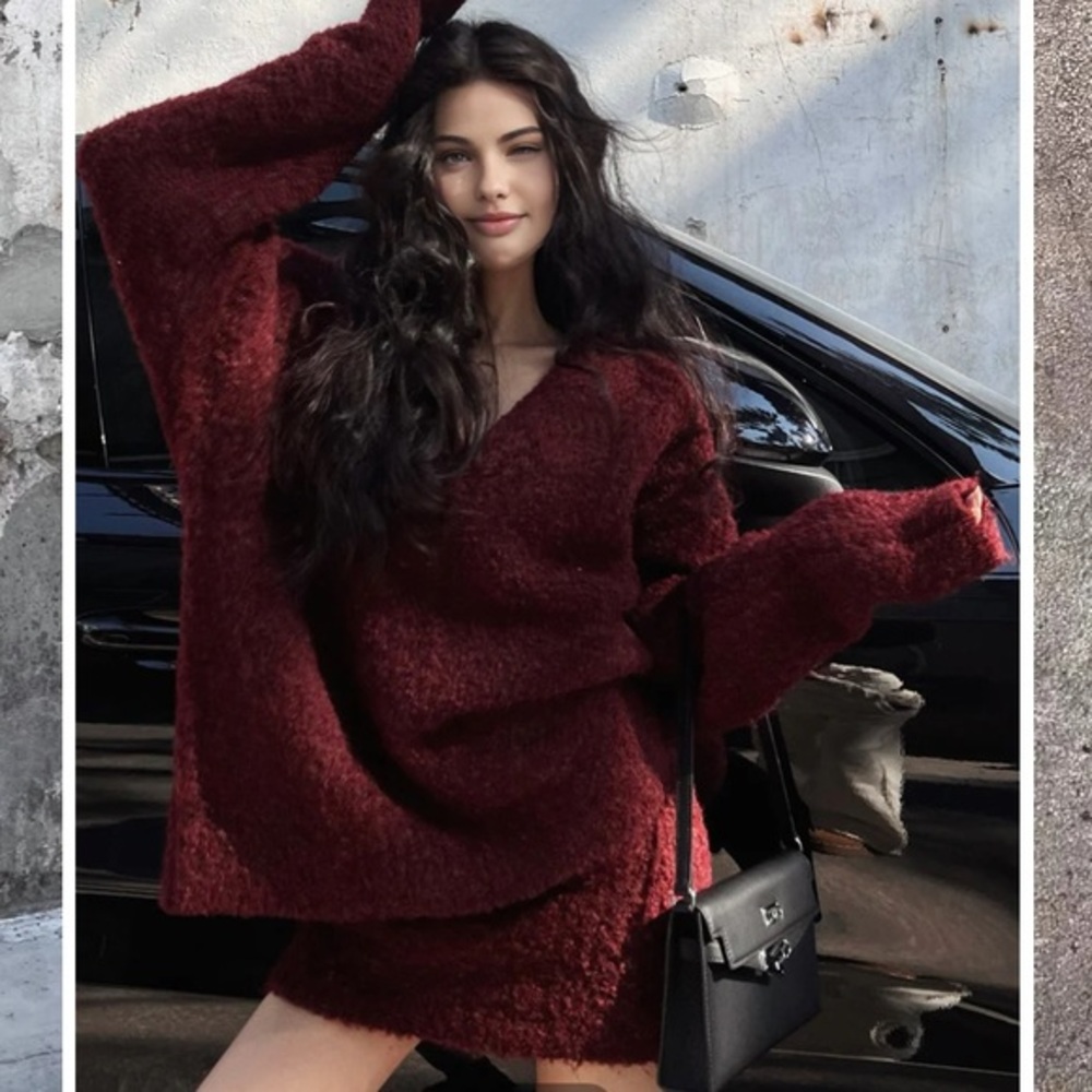 Burgundy sweater and mini skirt set